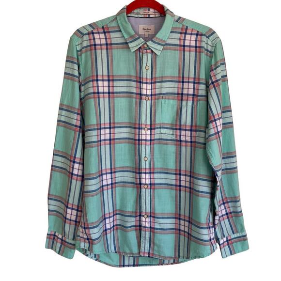 Pepe Jeans Mens Ruskin Twill Plaid Casual Button Down Shirt Slim Fit Mint Green - Picture 1 of 16